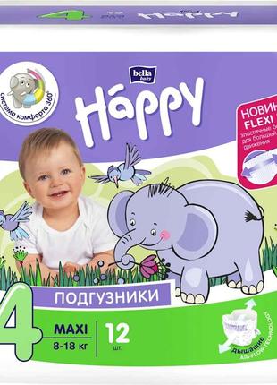 Підгузки дитячі 4 Baby Happy Maxi 8-18 кг 12шт ТМ Bella