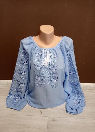 Вышиванка женская рубашка блуза с вышивкой шифон голубой 42-46...