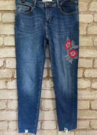 1, Стрейчевые синие джинсы с вышивкой Zara Размер 42 Оригинал