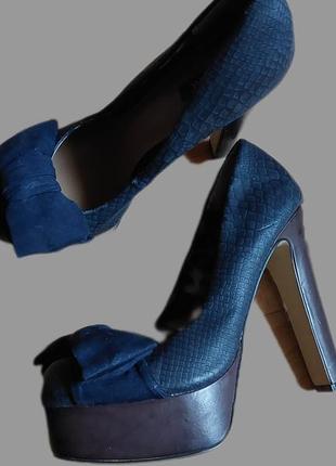 Туфли прямой каблук с бантом, синие туфли р 39