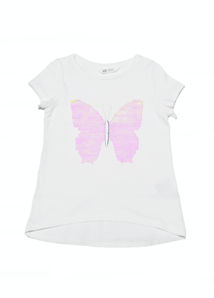 Белая футболка с бабочкой h&amp;m на девушку 8-10 лет
