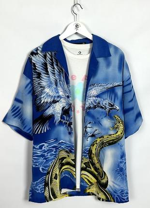 Винтажная оверсайз гавайка с ястребом и смейкой летняя рубашка