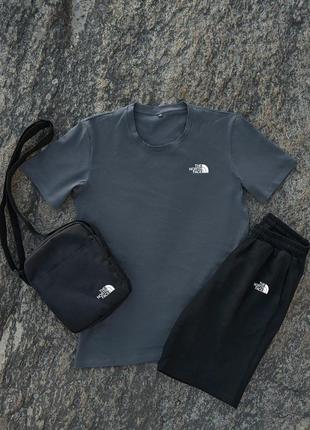 Комплект футболка темно-сіра tnf + шорти + барсетка