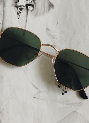 Сонцезахисні багатокутні окуляри Темно-зелений у золоті (7006)