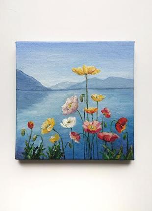 Кчртина маслом маки на озері живопис полевые цветы мак озеро река