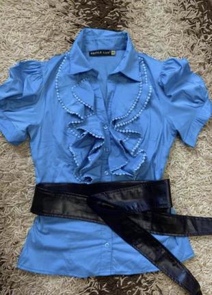 Блакитна блуза із коротким рукавом «фонарик»