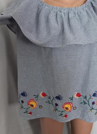 Стильная блуза с воланом, в клетку, вышивка, большой размер  №6bp