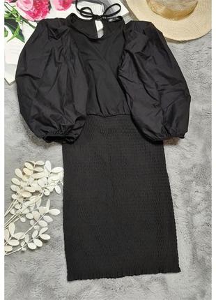 Платье резинка мини черное zara с объемным рукавом