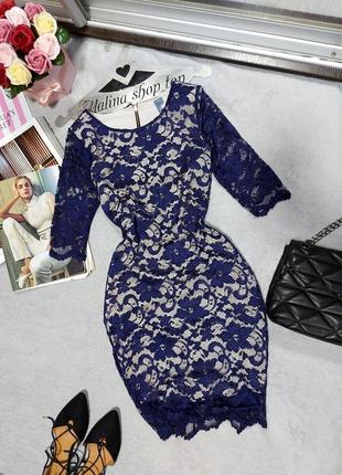 Синее кружевное платье по фигуре миди красивое платье 46 распр...