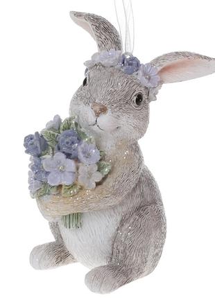 Декоративна фігурка Кролик із квітами, 11см, колір - сірий з л...