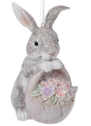 Декоративна фігурка Кролик з кошиком, 12см, колір - сірий з ро...