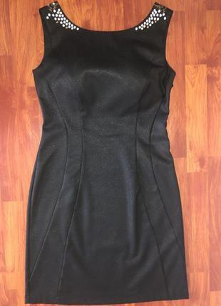 Нарядное черное платье футляр со стразами тканью с блестками и...