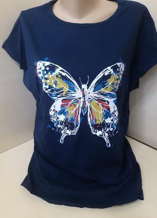 Женская летняя футболка синяя бабочка большие размеры 56 58 60