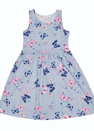 Синее полосатое трикотажное платье в бабочках h&amp;m для дево...