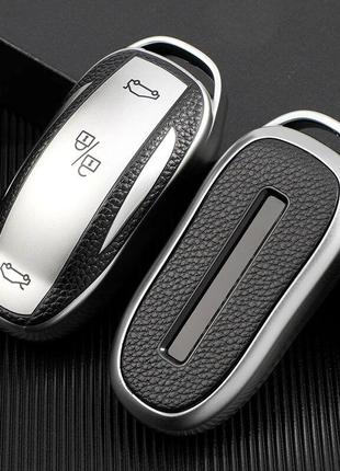 Чехол на авто смарт ключ ТПУ + кожа для Tesla Model S Silver