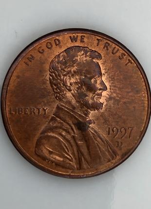 #704 США 1 цент 1997 Лінкольн Цент (Мітка монетного двору: D - Де