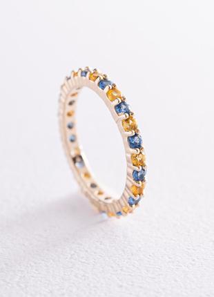 Кольцо с дорожкой голубых и желтых камней (желтое золото) 815ж