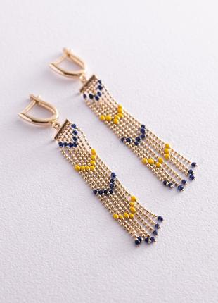 Патриотические серьги с цепочками в желтом золоте (синяя и жел...