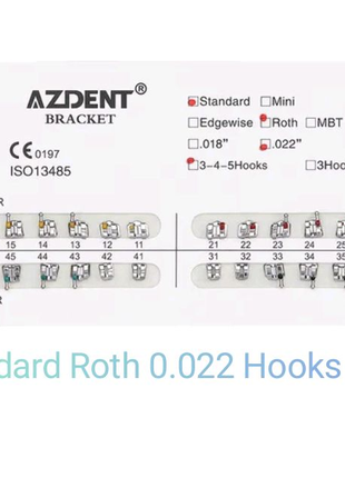 Металлические брекеты Azdent, Standard, Roth 0.22", hooks 3-4-5