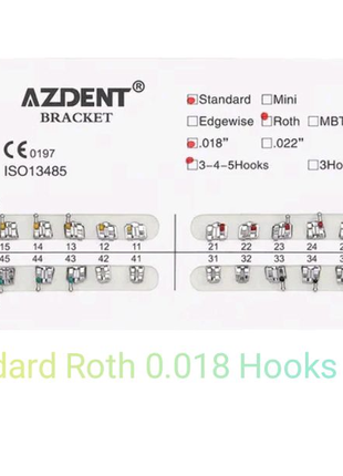 Металлические брекеты Azdent, Standard, Roth 0.18", hooks 3-4-5