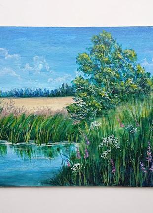 Озеро у пшенниц картина маслом пейзаж масляными красками