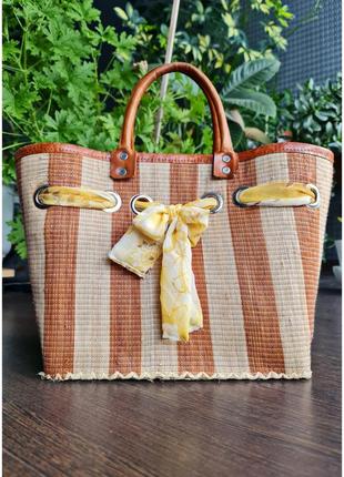 Соломенная сумка ротанг с кожей натуральная сумка летняя плете...
