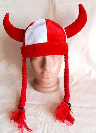 Шапка викинга карнавальная шлем с рогами, косами и колокольчиками