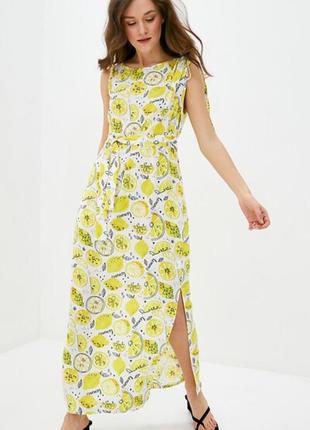 Натуральное длинное платье в лимончики
