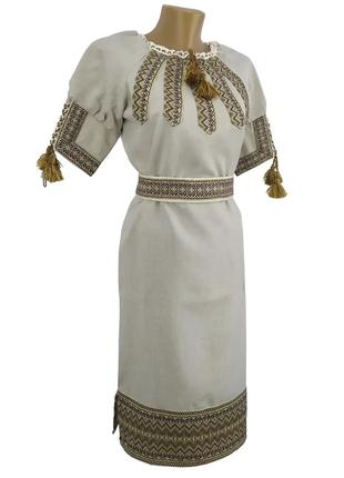 Женское льняное платье Вышиванка с поясом бежевая вышивка р.42-60