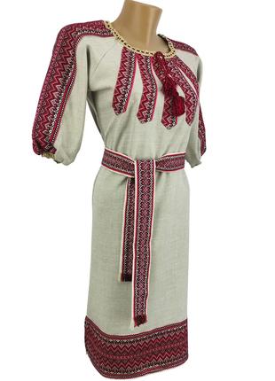 Женское льняное платье Вышиванка с поясом красная вышивка р.42...