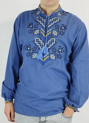Мужская Рубашка Вышиванка на домотканом хлопке синяя р. 42 - 60