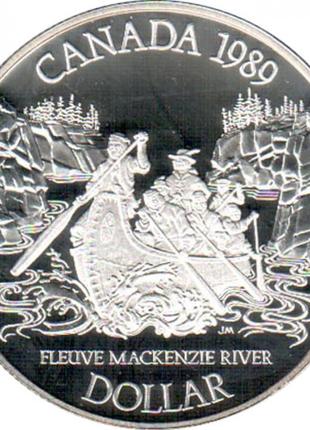 Канада 1 долар, 1989 Река Маккензи Королева Елизавета II срібл...