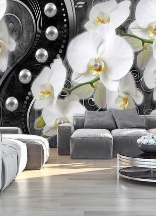 Фотообои цветы 368х254 см 3Д Белые орхидеи и жемчужины на черн...