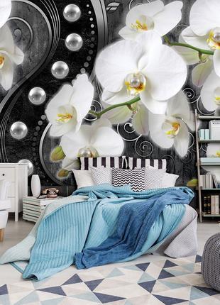 Флизелиновые фото обои цветы 312x219 см 3Д Белые орхидеи и жем...