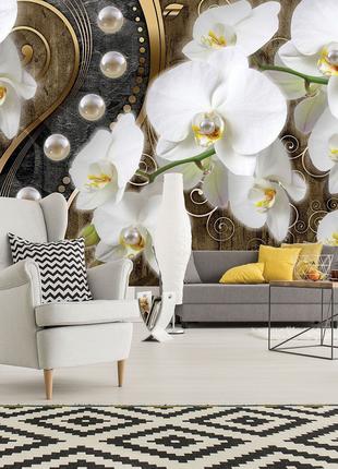 Фото обои абстракция цветы 254x184 см 3Д Белые орхидеи и жемчу...