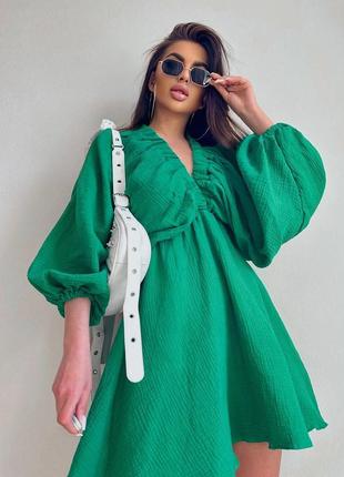 Воздушное платье из натуральной ткани муслин зеленого цвета💙