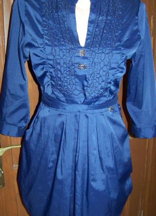 Темно-синяя легкая туника-блузка-платье с поясом м
