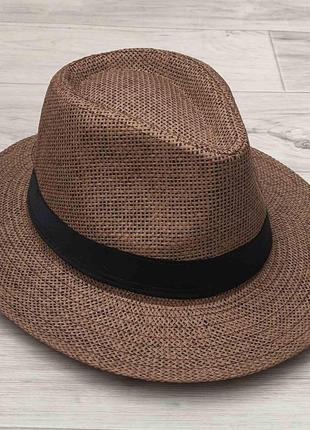 Летняя шляпа Федора коричневая с черной лентой (949)