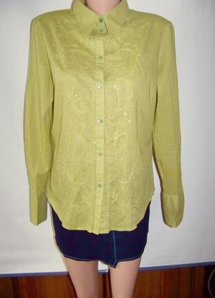 Оливковая хлопковая блузка с вышивкой и пайетками h&m 44р.