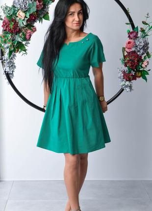 Сукня жіноча міді зелена з льону вільного фасону з короткими р...