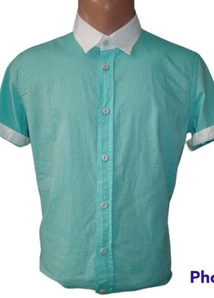 Распродажа мужская рубашка приталенная зеленая из ткани жатка ...