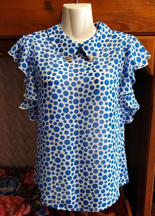 Праздничная, красочная блуза в синие горохи 44-46р