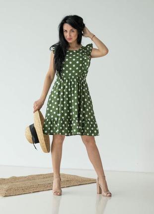 Летнее платье женское мини из льна зеленое без рукавов