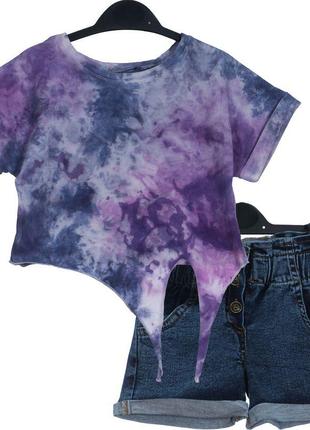 Комплект футболка и шорты джинсовые для девочки, лилово-синий ...
