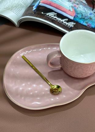 Чашка с блюдцем и ложкой Olens "Доброе утро", 150 мл, розовая ...