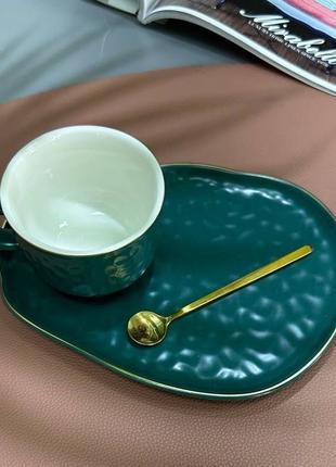 Чашка с блюдцем и ложкой Olens "Доброе утро", 150 мл, зеленая ...