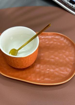 Чашка с блюдцем и ложкой Olens "Доброе утро", 150 мл, оранжева...