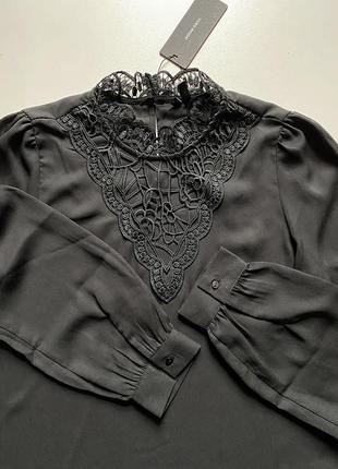 Xs новая черная блузка блуза длинный рукав с кружевом по горло...