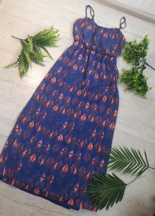 Синий длинный сарафан с оригинальным принтом платье 👗