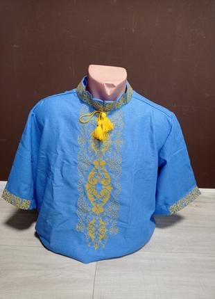 Дизайнерська чоловіча блакитна лляна сорочка "Харизма" з вишив...